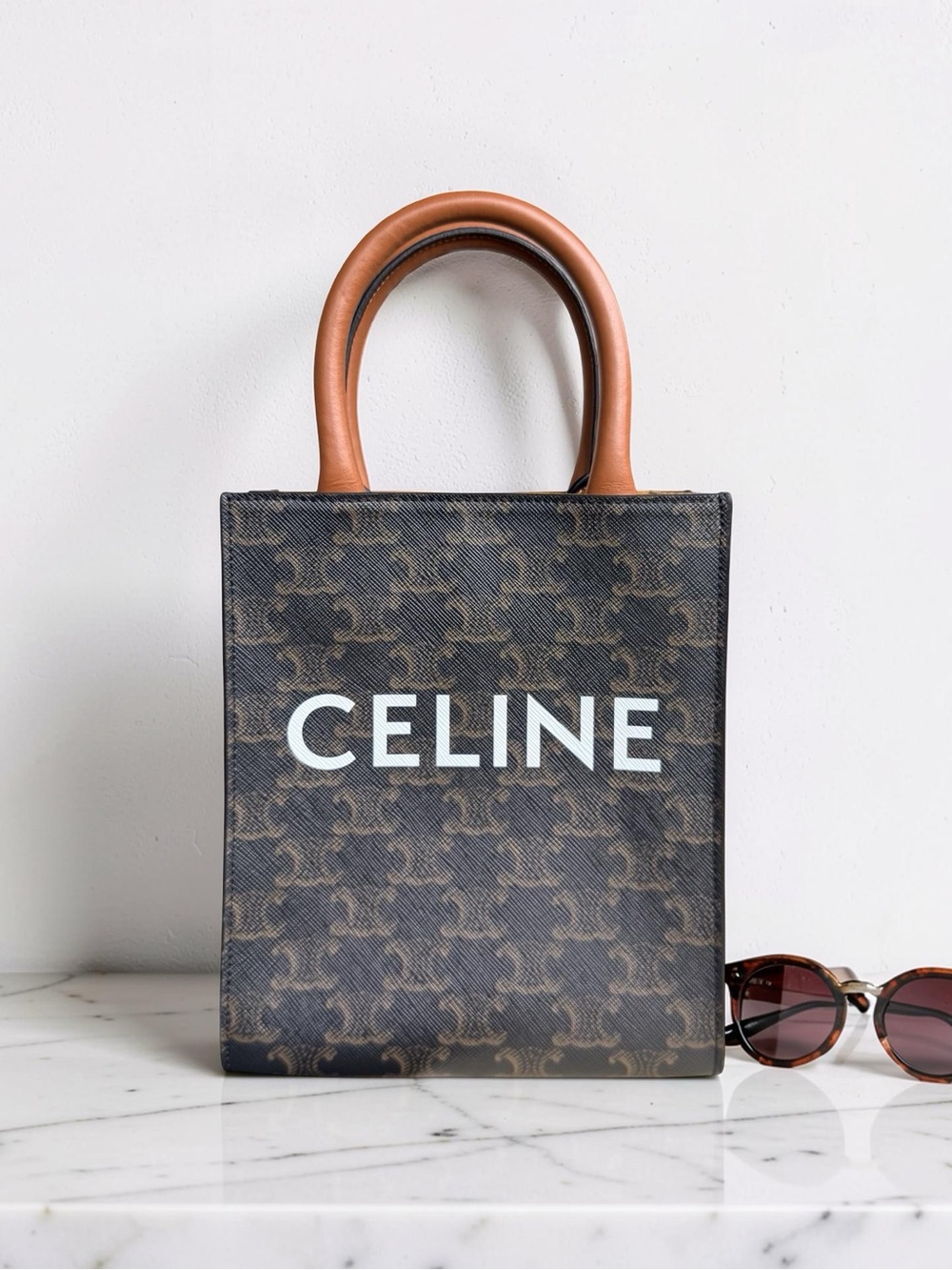 CELINE Mini Vertical Cabas Triomphe Canvas Crossbody Tan Calfskin